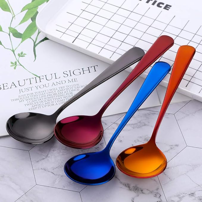 Buyer Star 8 Pieces Stainless Steel Round Soup Spoon, 6.3 Inch Mirror Polished Spoon Cutlery, Dishwasher Safe (Mixed color)