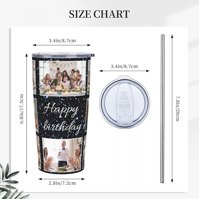 Personalized Custom tumbler Coffee Mug with Lid and Straw Hot and Cold Stainless Steel Vacuum Insulated Travel Mug with Photo Personalized tumbler Gift (20 oz, Funnel, 8 photos)