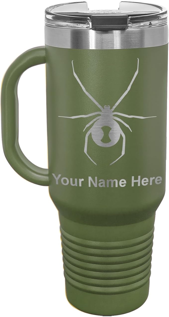 LaserGram 40oz Vacuum Insulated Travel Mug with Handle, Black Widow Spider, Personalized Engraving Included (Camo Green)