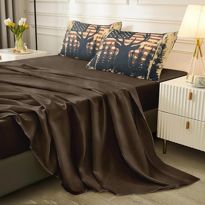 Deer Comforter Set - Twin 5PCS with Sheets, American Flag Comforter Set for Hunter Bedroom Decor, Bedding Set for Boys, Adults, Teens
