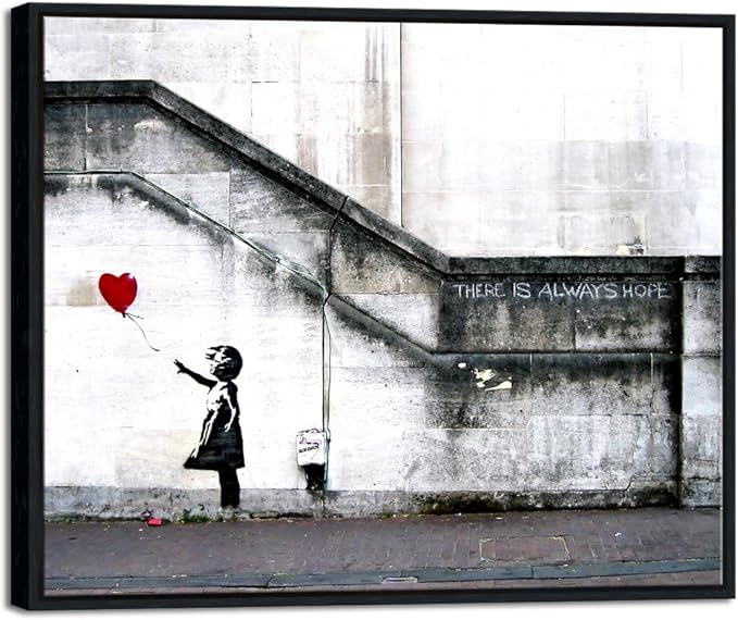 Wieco Art Framed Canvas Wall Art Giclee Canvas Prints of Banksy Grafitti Girl with Red Balloon Abstract Artwork for Wall Decor Home Decorations Black Frame