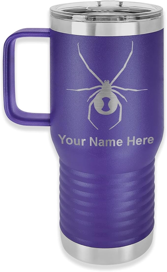 LaserGram 20oz Vacuum Insulated Travel Mug with Handle Widow Spider, Personalized Engraving Included (Dark Purple)