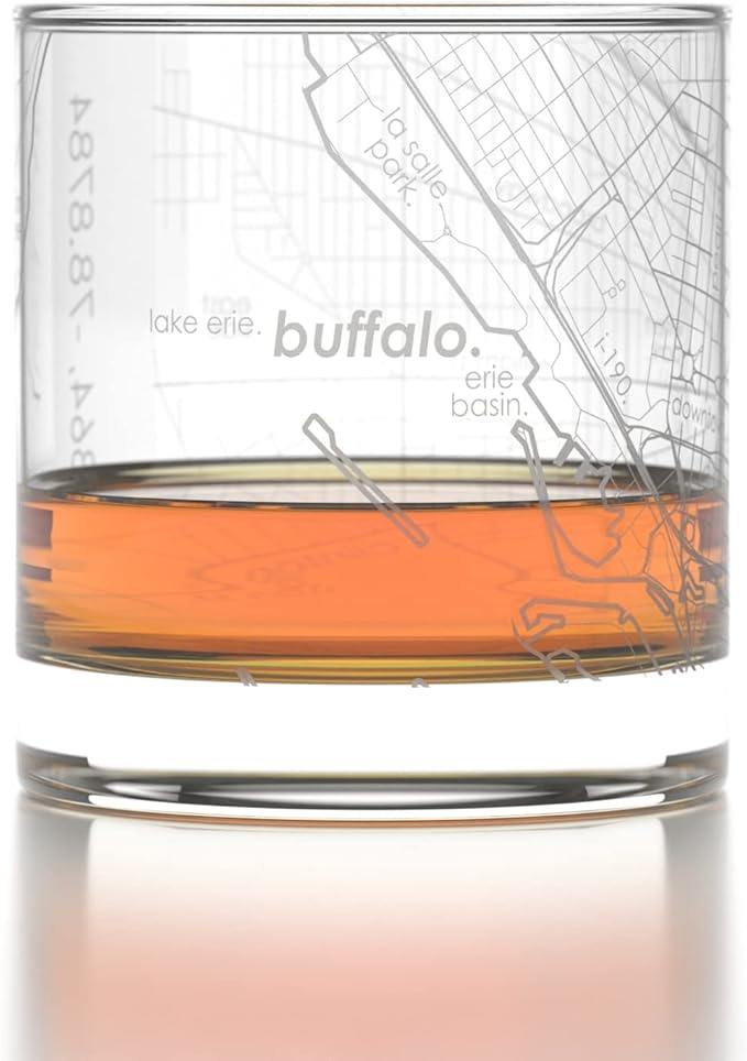 Well Told Engraved Buffalo New York Map Rocks Glass, Old Fashioned Whiskey Glass (11 oz, Clear) Etched Whiskey Glass, Gifts For Whiskey Lovers