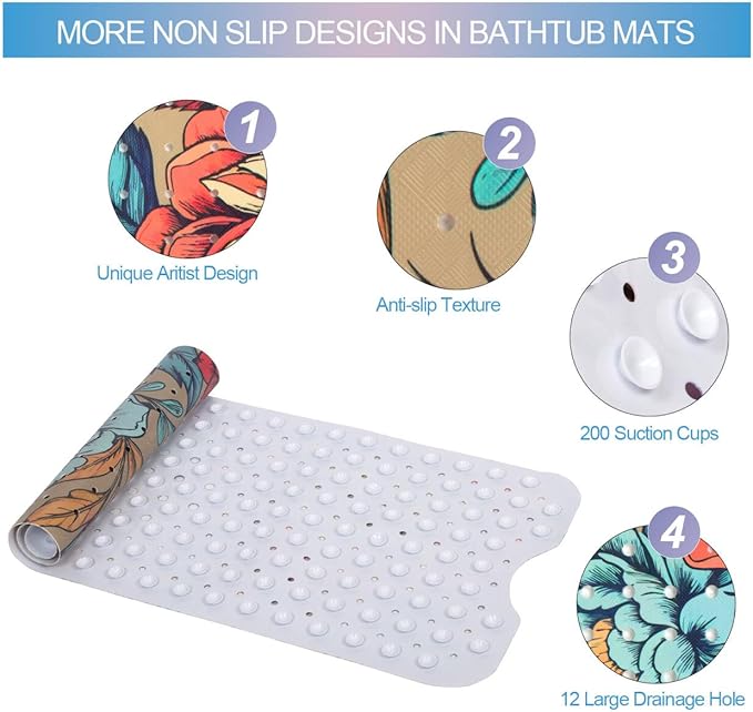 Bohemia Floral Bathtub Mat Non Slip for Kids 40x16in Extra Long Anti Slip Bath Mat for Tub Boho Flower Bath Shower Mat with Large Drain Holes and Suction Cups Vintage Plant Design Bathroom Decor