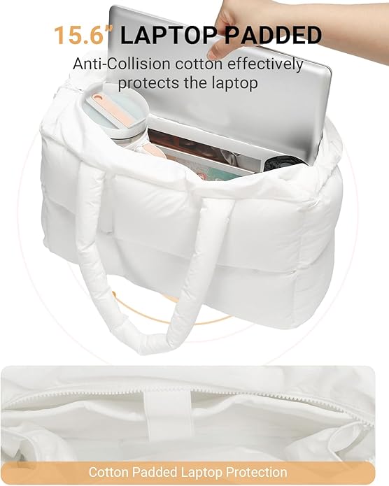 Herald Puffer Tote Bag for Women, Large Quilted Puffy Handbag Lightweight Satchel Purse with Cup Holder & Compartment