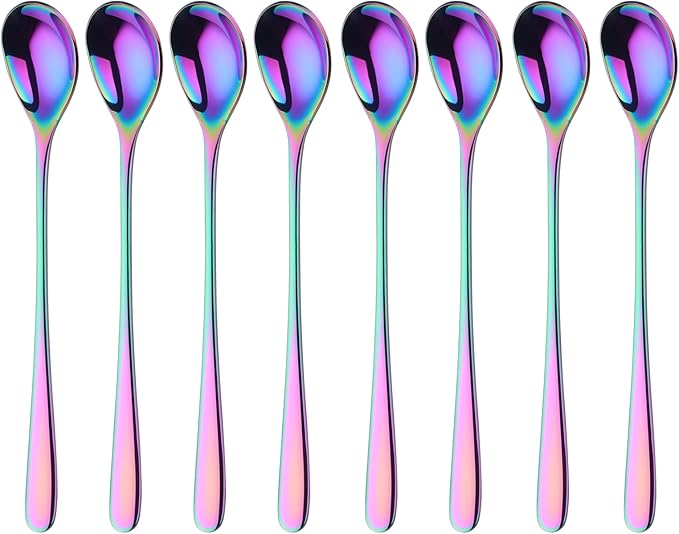 Buyer Star 8-Inch Long Handle Iced Tea Spoons, Ice Cream Spoon, Stainless Steel Cocktail Stirring Spoons, Set of 8 (Rainbow)