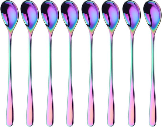 Buyer Star 8-Inch Long Handle Iced Tea Spoons, Ice Cream Spoon, Stainless Steel Cocktail Stirring Spoons, Set of 8 (Rainbow)