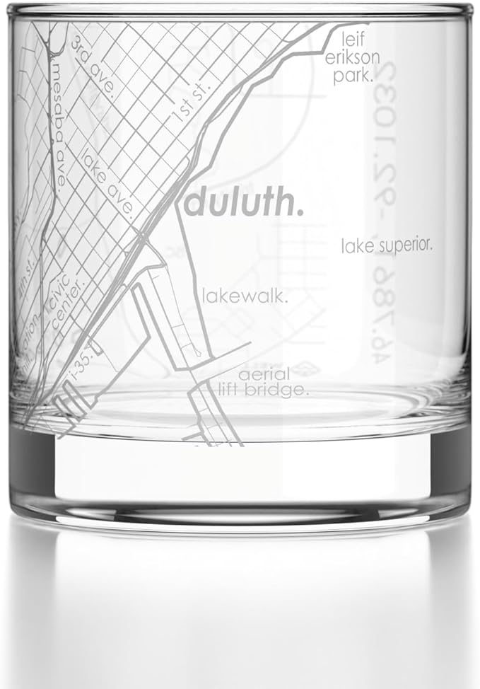 Well Told Engraved Duluth Minnesota Map Rocks Glass, Old Fashioned Glassware (11 oz, Clear) Etched Bourbon Tumbler, Gifts For Whiskey Lovers