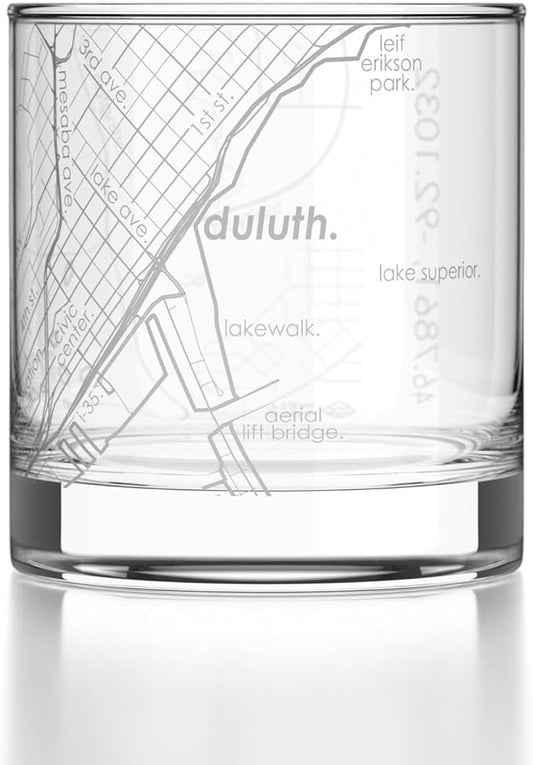 Well Told Engraved Duluth Minnesota Map Rocks Glass, Old Fashioned Glassware (11 oz, Clear) Etched Bourbon Tumbler, Gifts For Whiskey Lovers