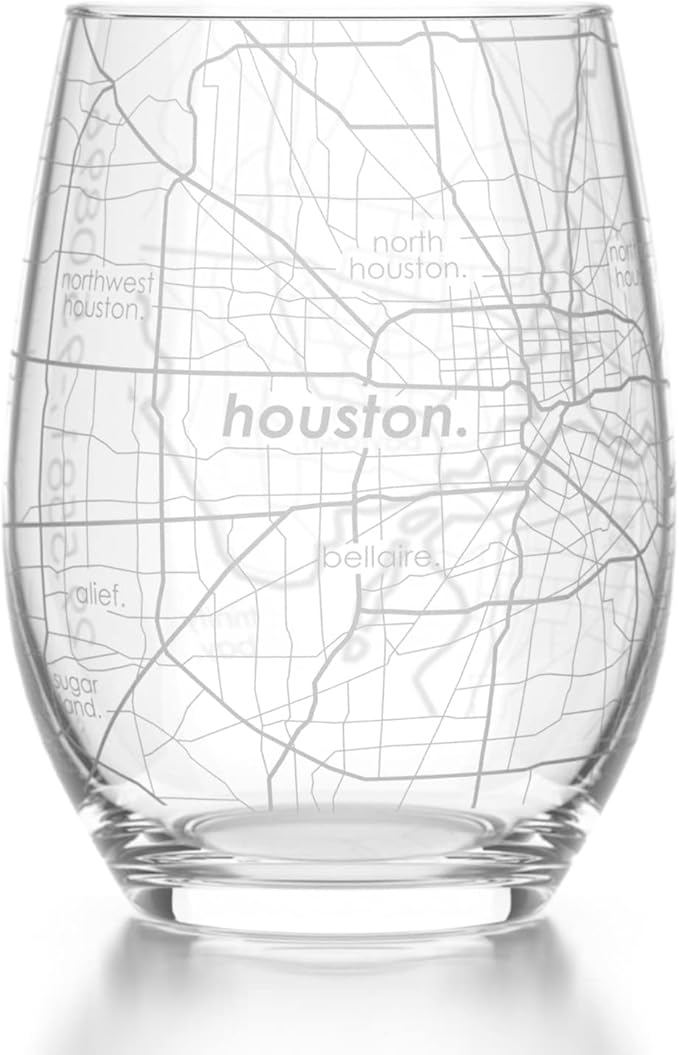 Well Told Engraved Houston Texas Map Stemless Wine Glass, Etched Glass (15 oz, Clear) City Custom Gifts for Lovers