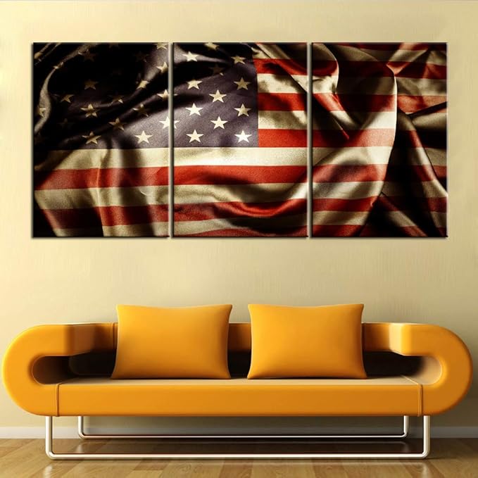 Native American Flag Pictures for Living Room Stars Stripes Artwork Red Retro Paintings 3 Panel Prints Wall Art on Canvas Contemporary House Decor Giclee Framed Stretched Ready to Hang(42''Wx20''H)