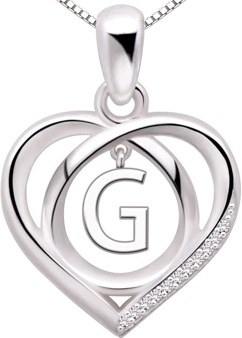 ALOV Jewelry Sterling Silver Initial Letter Alphabet Love Heart Cubic Zirconia Pendant Necklace