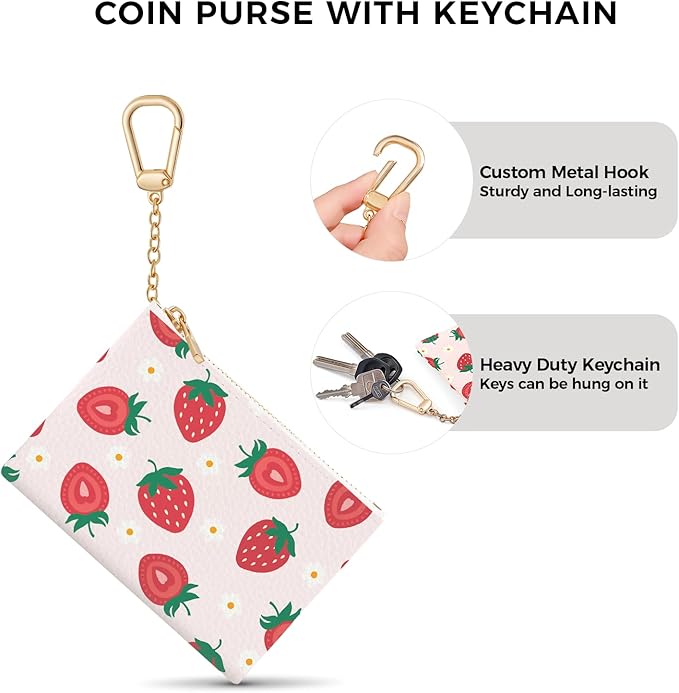 Strawberry Cute Keychain Coin Purse for Women, Small PU Leather Change Pouch, Zipper Little Tiny Travel Wallet for Girls, Cute Kawaii Zip Pocket Coin Holder with Key Ring