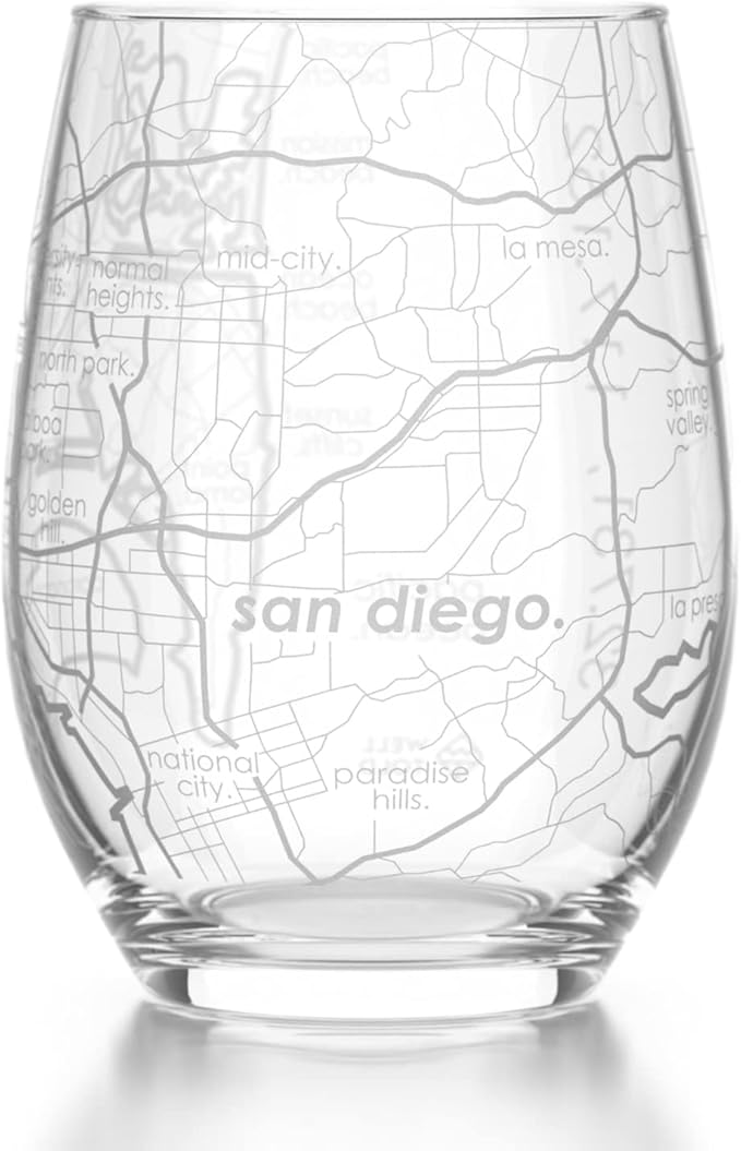 Well Told Engraved San Diego California Map Stemless Wine Glass, Etched Glass (15 oz, Clear) City Custom Gifts for Lovers