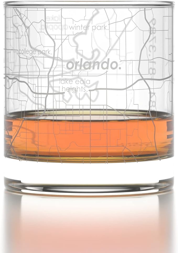 Well Told Engraved Orlando Florida Map Rocks Glass, Old Fashioned Whiskey Glass (11 oz, Clear) Etched Whiskey Glass, Gifts For Whiskey Lovers