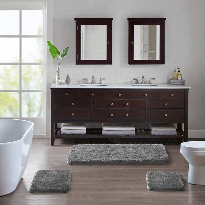 Suchtale Non Slip Bath Mat (20 x 32, Dark Grey) Water Absorbent Soft Microfiber Shaggy Bathroom Rug Machine Washable Thick Plush Shower Mat