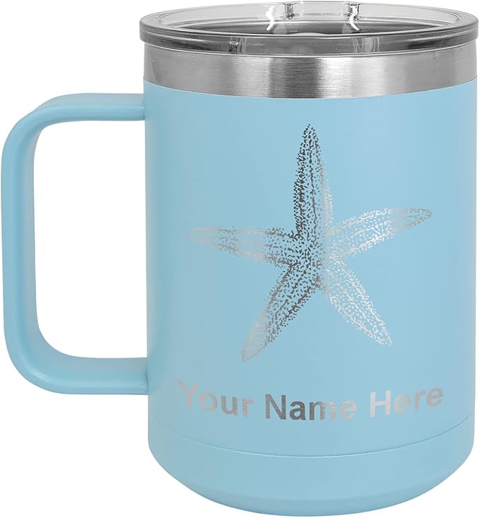 LaserGram 15oz Vacuum Insulated Coffee Mug, Starfish, Personalized Engraving Included (Light Blue)