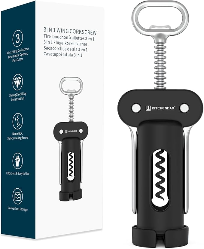 KITCHENDAO 3 in 1 Wing Corkscrew Wine Bottle Opener with Foil Cutter, Built-in Beer Bottle Opener, Multifunctional Wine Opener with Non-Stick Sharp Screw, Easy to Use, Manual Wine Corkscrew, Black