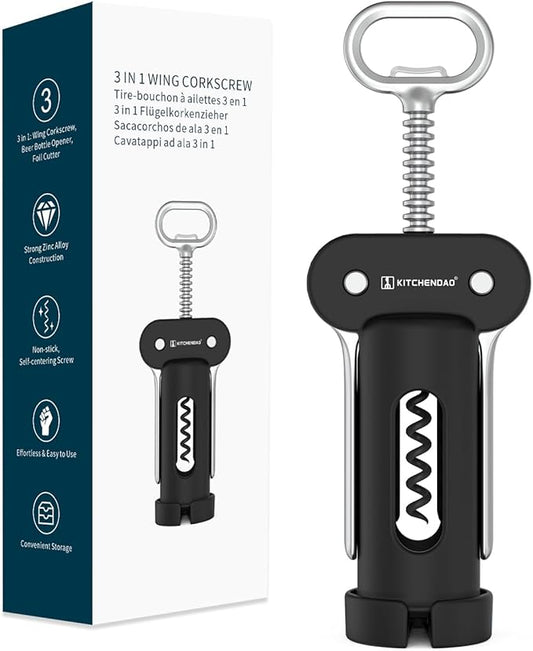 KITCHENDAO 3 in 1 Wing Corkscrew Wine Bottle Opener with Foil Cutter, Built-in Beer Bottle Opener, Multifunctional Wine Opener with Non-Stick Sharp Screw, Easy to Use, Manual Wine Corkscrew, Black