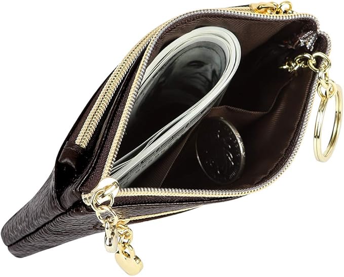 Women's Genuine Leather Coin Purse Zipper Pocket Size Pouch Change Wallet, Coffee