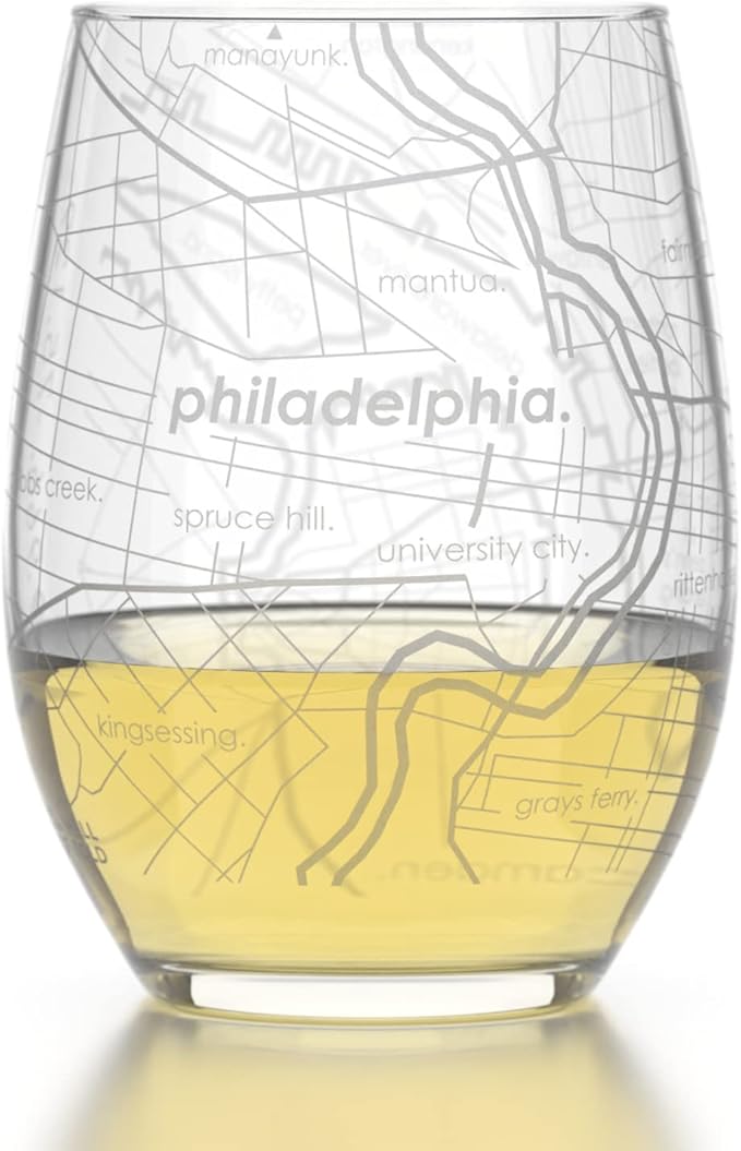 Well Told Engraved Philadelphia Pennsylvania Map Stemless Wine Glass, Etched Glass (15 oz, Clear) City Custom Gifts for Lovers