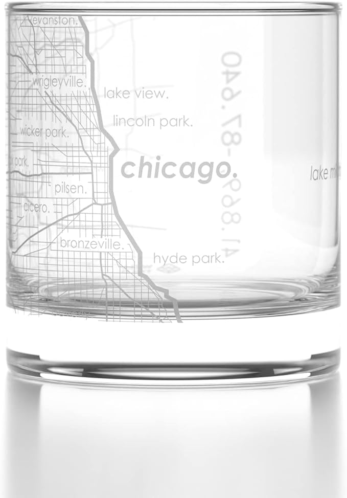 Well Told Engraved Chicago Illinois Map Rocks Glass, Old Fashioned Glassware (11 oz, Clear) Etched Bourbon Tumbler, Gifts For Whiskey Lovers