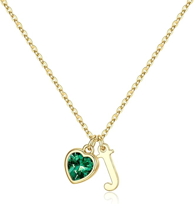 Turandoss Valentines Day Gifts for Her Trendy, Dainty 14K Gold Plated Initial A-Z Heart Birthstone Pendant Necklace Personalized Bridesmaid Birthday Valentines Jewelry Gifts for Women Girls