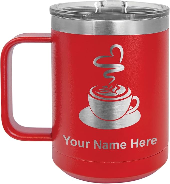 LaserGram 15oz Vacuum Insulated Coffee Mug, Cup of Coffee, Personalized Engraving Included (Red)