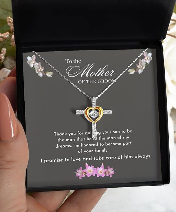 Mother of the Groom Gifts from Bride (.925) Stirling Silver Cross Necklace, Gift for Moms on Wedding Day Card and Jewelry, Mother in Law Wedding Gift from Bride