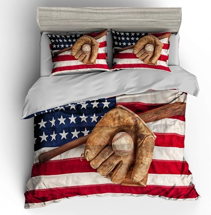 Baseball Bedding Sets for Boys - Sports Theme American Flag Comforter Set Full Size, Durable Kids Sports Decor with Team Spirit Design (Includes Comforter & Pillowcases)