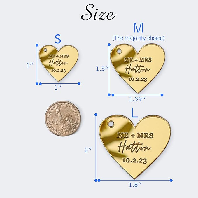 30Pcs Custom Wedding Mirror Tags with Holes,Personalized Acrylic Heart Tags,Lettering Name Logo for Baby Shower Favor Valentines Day Handmade Items Wedding Favors Birthday Party