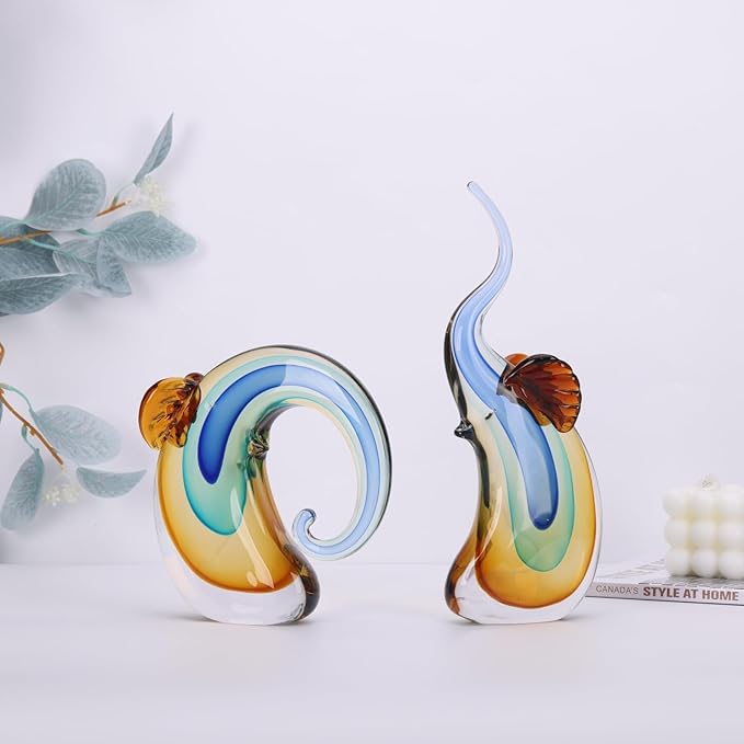 suruim Hand Blown Murano Glass Elephant Statues Set - Luxury Sculptures Home Decor for Living Room & Office Art Glass Ornament Animal Collectible (Blue)