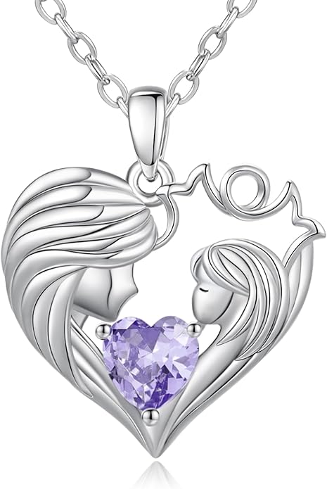 Mother and Daughter/Son Love Heart Necklace White Gold/14K Gold/Rose Gold Birthstone Jewelry Christmas Mothers Day Birthday Gifts For Mom Wife Grandma Women