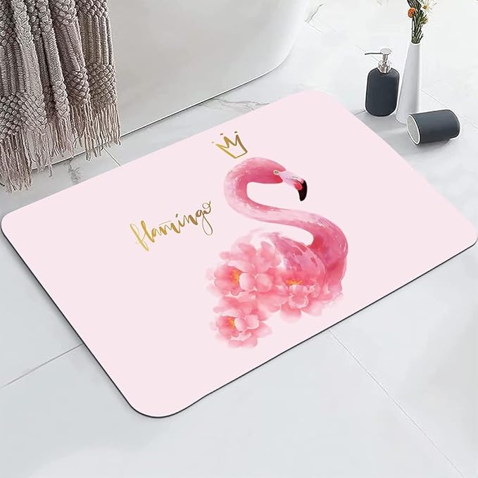 Flower Pink Flamingo Bathroom Mat, Non-Slip Super Absorption Bath Carpet with Rubber Backing, Fit Under Bathroom Doormat Floor Rugs for Shower Buthtub Sink, 17"x24"