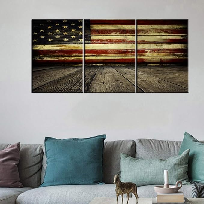 Native American Flag Pictures Patriotic Artwork for Living Room Red White Stripes Paintings 3 Piece Prints Wall Art on Canvas Country House Decor Framed Gallery-Wrapped Ready to Hang (60''Wx28''H)
