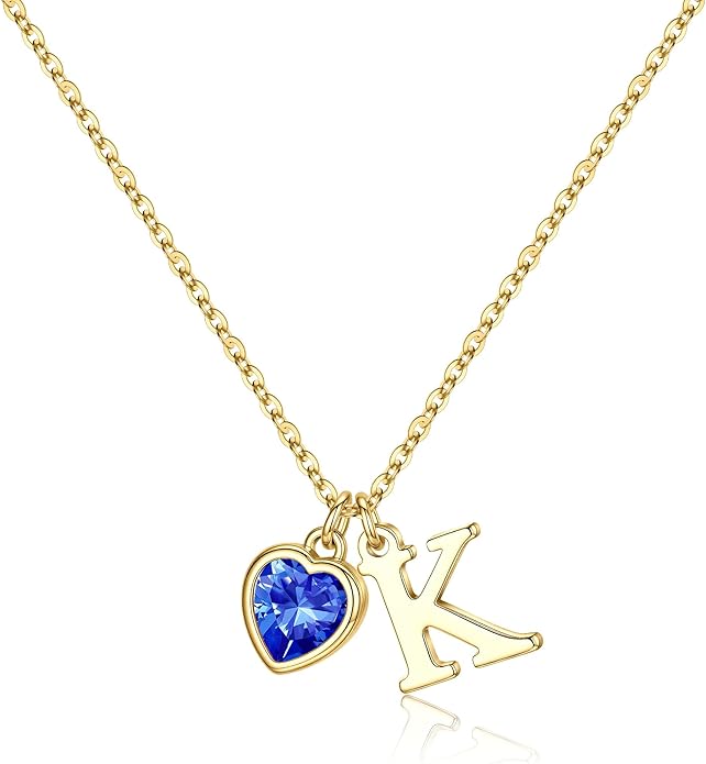 Turandoss Valentines Day Gifts for Her Trendy, Dainty 14K Gold Plated Initial A-Z Heart Birthstone Pendant Necklace Personalized Bridesmaid Birthday Valentines Jewelry Gifts for Women Girls