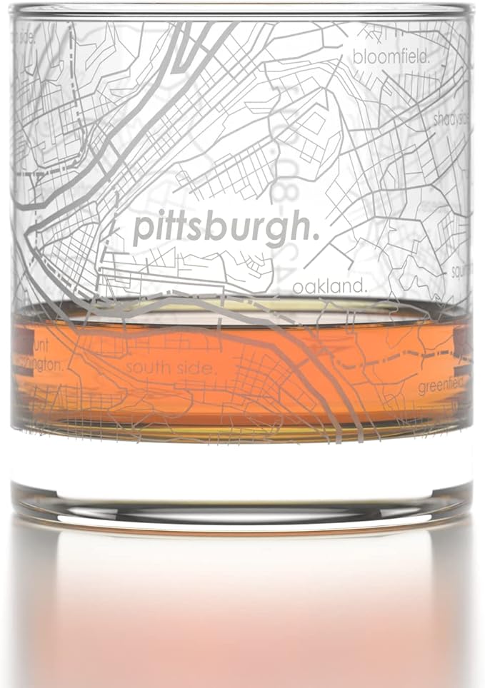 Well Told Engraved Pittsburgh Pennsylvania Map Rocks Glass, Old Fashioned Whiskey Glass (11 oz, Clear) Etched Whiskey Glass, Gifts For Whiskey Lovers