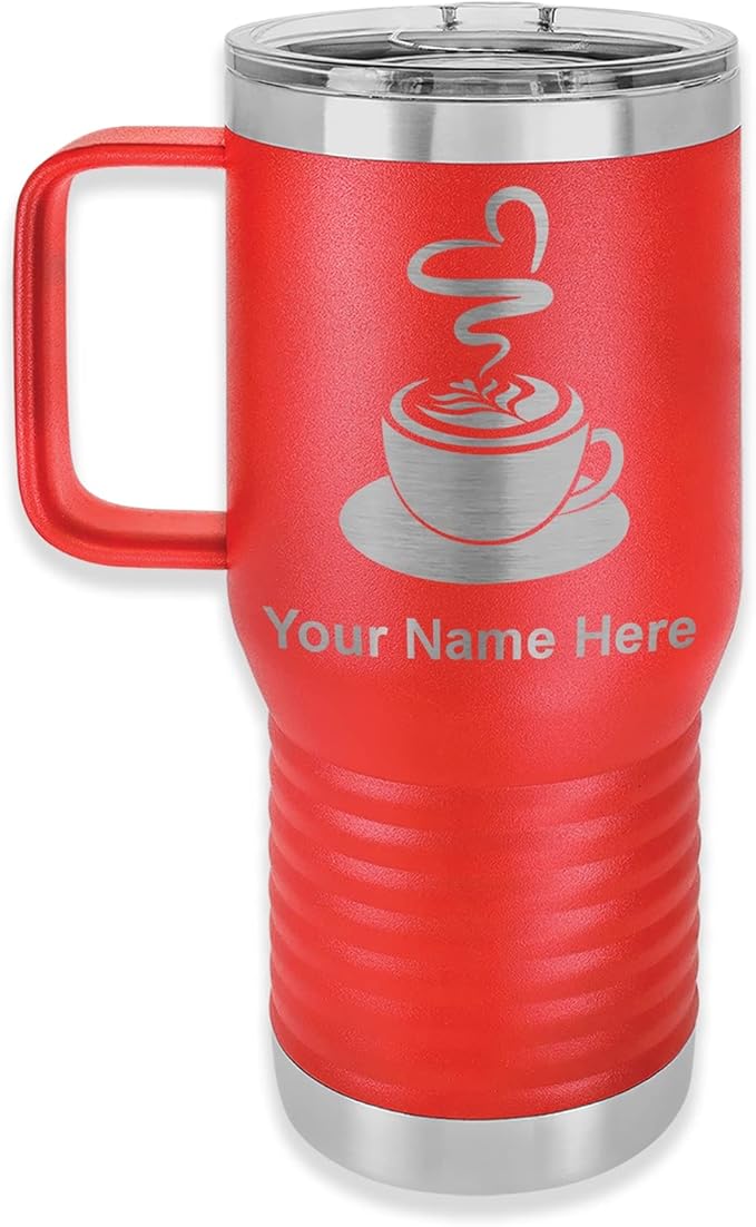 LaserGram 20oz Vacuum Insulated Travel Mug with Handle, Cup of Coffee, Personalized Engraving Included (Red)