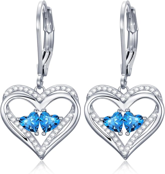 Heart Leverback Earrings Double Birthstone Dangle Earrings for Women, Love Jewelry for Her, Christmas Gifts for Women, Anniversary Birthday Gift for Mom Wife Girlfriend