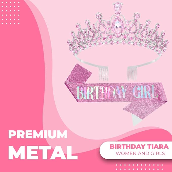 Birthday Tiara and Crown with Sash for Women, Hair Accessories for Wedding Party Costume (B - Pink)