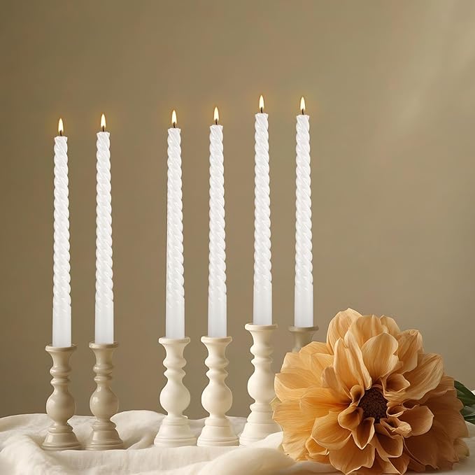 10 Inch White Spiral Taper Candle Set of 12 Pack Unscented Dripless Candlesticks for Valentine's Day,Dinner,Party,Brithday,Wedding,Christmas,and Home Decoration