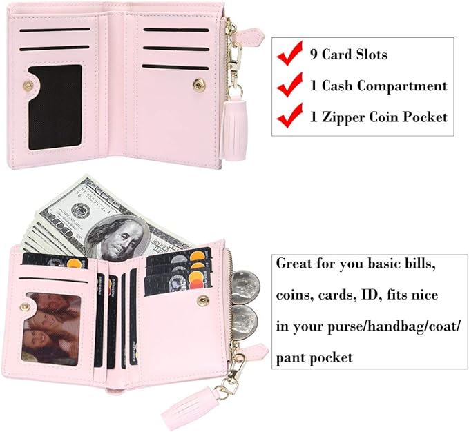 GEEAD Small Wallets for Women Bifold Slim Coin Purse Zipper ID Card Holder PU Leather Pink