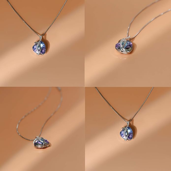 AOBOCO I Love You Sterling Silver 12 Birthstone Heart Pendant Necklace Embellished with Crystals from Austria, Mother's Day Anniversary Birthday Jewelry Christmas Gifts for Women Grandma Nana
