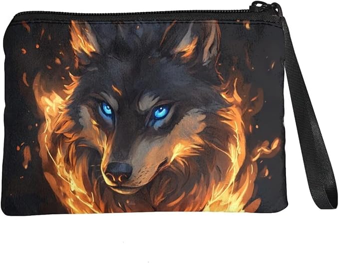 Dolyues Wolf Fire Coin Purse Pouch Animal Print Coin Change Purses Cool Coin Holders For Kids Zipper Wallet with Hand Wristlet Lightweight and Portable