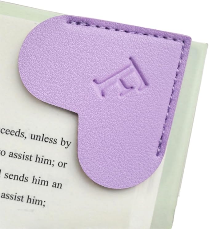 MOTEERLLU Personalized Leather Heart Bookmark with Initials, Handmade, Letter Cute Custom Corner Book Marks for Reading Women, Teachers, Students, Book Lovers, Book Accessories(Purple,F)