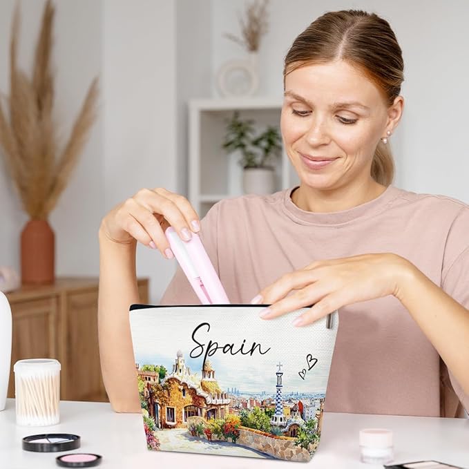 Spain Travelling Gift Makeup Bag, City Travel Cosmetic Bag for Purse, Watercolor Makeup Bags, Spain Souvenir, Trip Favors for Traveller Lovers, City Themed Organizer
