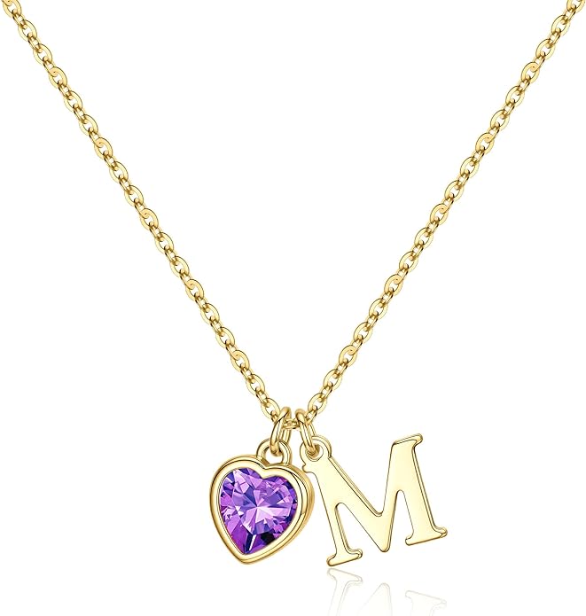 Turandoss Valentines Day Gifts for Her Trendy, Dainty 14K Gold Plated Initial A-Z Heart Birthstone Pendant Necklace Personalized Bridesmaid Birthday Valentines Jewelry Gifts for Women Girls