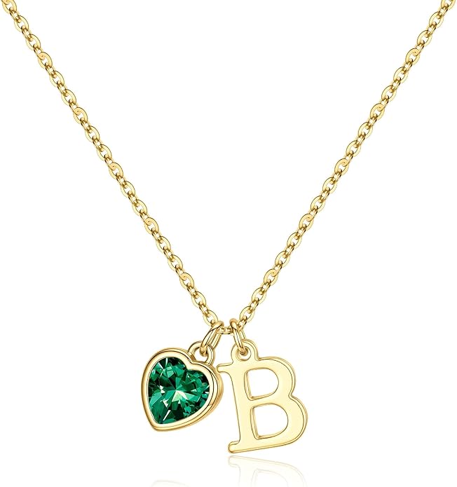 Turandoss Valentines Day Gifts for Her Trendy, Dainty 14K Gold Plated Initial A-Z Heart Birthstone Pendant Necklace Personalized Bridesmaid Birthday Valentines Jewelry Gifts for Women Girls