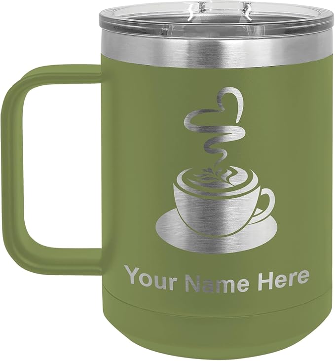 LaserGram 15oz Vacuum Insulated Coffee Mug, Cup of Coffee, Personalized Engraving Included (Camo Green)