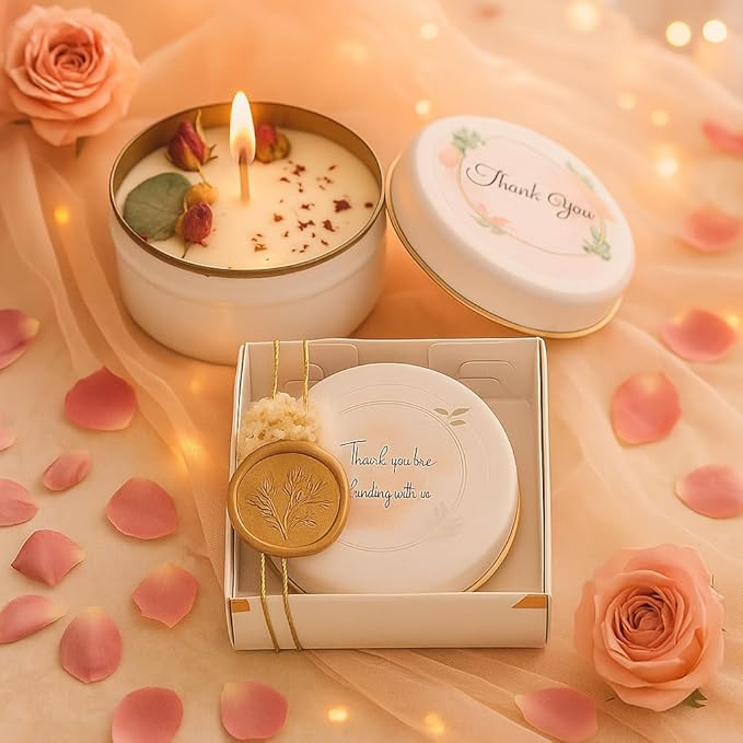 Wedding Candle Favor Set with Gift Box – Personalized Soy Wax Candles with Gold Seal & Gold String, Dried Flowers